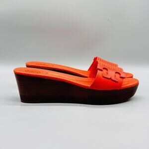 Tory Burch Sandals Womens 10 Orange Leather Mikael Wedge Slide Platform Logo
